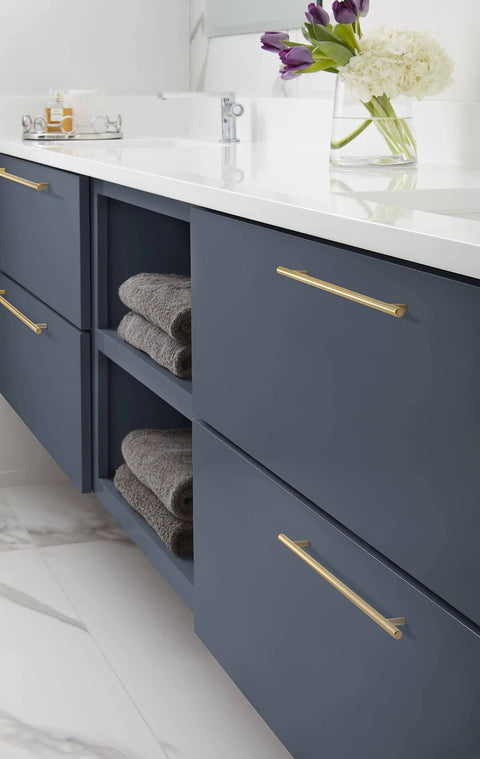 Installed Champagne Bronze Cabinet Pull 12-5/8 Inch Center To Center Bar Handle on blue bathroom cabinets
