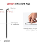 Comparison of 10 mm Short Arm Ball End Hex L Key with 95-degree bend showing improved finger clearance alongside regular L-keys.