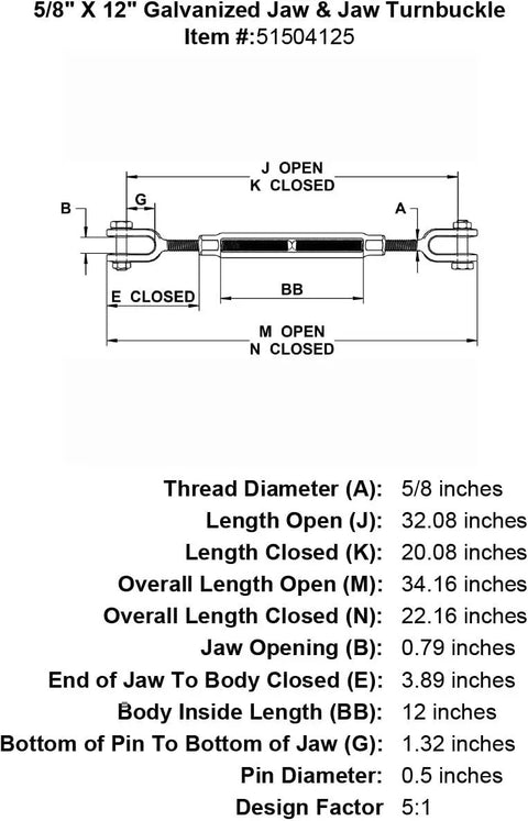 5/8 X 12 Inch Top Shelf Hot Dip Galvanized Jaw To Jaw Turnbuckle schematics detailing dimensions and specifications.