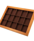 Sleek Walnut Jewelry Organizer Tray With 15 Slot Grid For Ring Bracelet Necklace Storage And Display, brown wood finish.