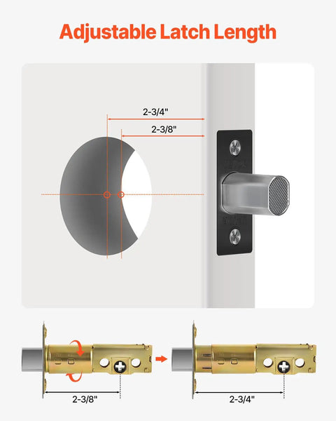 Adjustable latch length diagram for Full Metal Single Cylinder Deadbolt Lock Keyed One Side, dimensions 2-3/8" and 2-3/4".