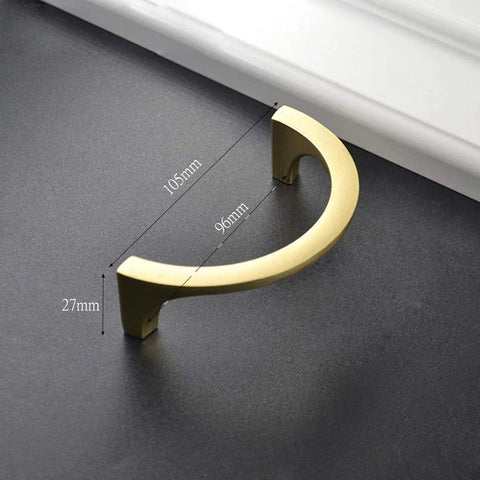 Two Pair Cabinet Hardware Handles In Golden Copper Brushed Gold Finish With Double Hole Mounting For Drawers Closets TV Cabinets And Dressers Made From Zinc Alloy 105 Mm Length 27 Mm Height 96 Mm Center To Center Hole Distance 55 Grams Each shown in close-up on a black surface.