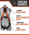 Javelina Fall Protection Safety Harness For Construction Pros showing aluminum back D-ring and dual connection points.