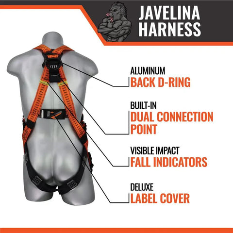 Javelina Fall Protection Safety Harness For Construction Pros showing aluminum back D-ring and dual connection points.