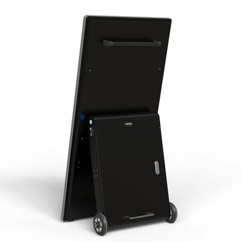 43 Inch Heavy Duty Digital Signage Display For Indoor Or Outdoor Installations Featuring Massive Battery Reserve And Slick Android Control Panel shown from the back with wheels.