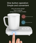 Close-up of dual purpose desktop coffee mug warmer and colder with one-button operation for easy use.