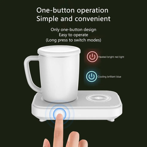 Close-up of dual purpose desktop coffee mug warmer and colder with one-button operation for easy use.