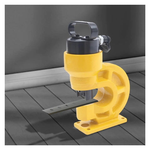 Heavy Duty Hydraulic Crimping Tool And Hole Punching Machine For Bus Bars showing yellow base and punch opening on a work surface.
