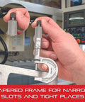 Screw Thread Micrometer With One Piece Spindle Satin Chrome Finish held in hand measuring metal gear
