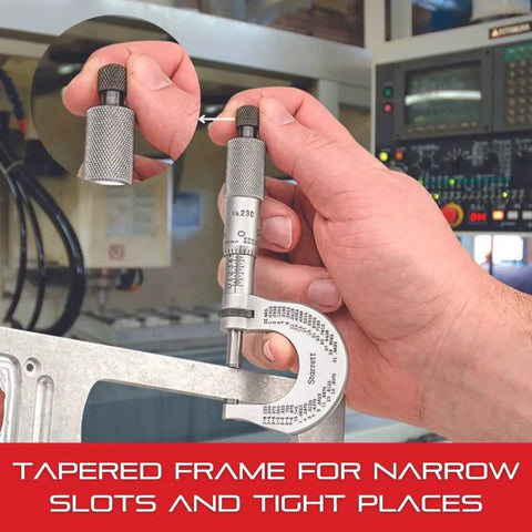 Screw Thread Micrometer With One Piece Spindle Satin Chrome Finish held in hand measuring metal gear