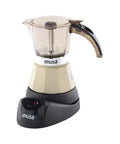 Dang Compact Two Cup Electric Espresso Maker With Cool Touch Handle Brews Rich Smooth Coffee Straight Up For Small Apartment Countertops And Office Desks on a black base.