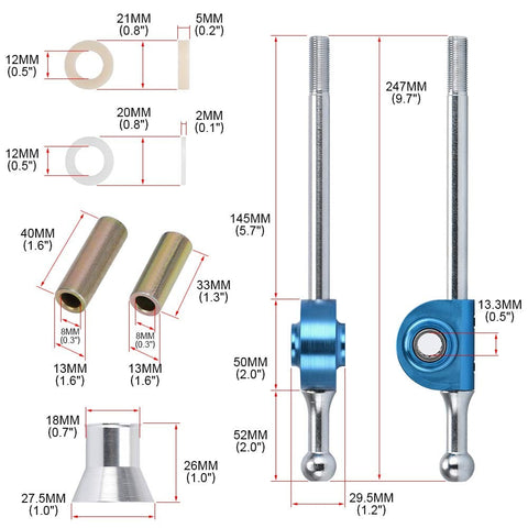 Dimensions and components of 5 Speed Throw Short Shifter Kit For Subaru WRX STI And Impreza 96-06 Fits Forester SF5 97-02 And Legacy 97-04
