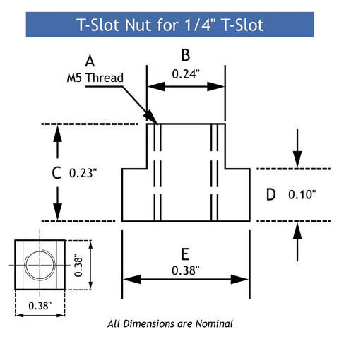 Diagram of T-slot nut dimensions for 1/4" slot with M5 thread from 42 Piece Clamping Kit For Six Millimeter And One Quarter Inch T Slot Mills