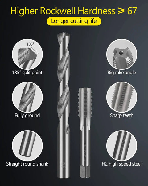 Drill And Tap Set Kit Metric HSS Taps M2 To M16 With Matching Jobber Length Drill Bits highlighting hardness and cutting edge features