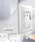 Kid Safe Outlet Covers 32 Pack With Hidden Pull Handle shown over an electrical socket, illustrating easy installation and safety features.