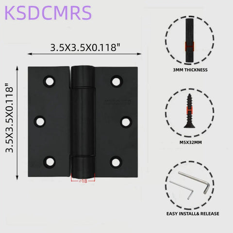 Front view of 3.5 Inch Self Closing Stainless Steel Door Hinges Beefy Heavy Duty Spring Loaded Auto Close With Square Corner Matte Black Finish 3 Pack with included hardware.