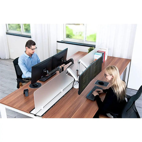Slick Full Motion Monitor Mount Arm With Smooth Gas Strut Glide Heavy Duty Aluminum Desk Holder Featuring No Sweat Quick Setup And Built In Cable Routing For Ergonomic Crisp Workspace Vibes Up To 32 Inches in a modern workspace