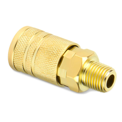 Brass 1/4-inch male quick-connect air coupler with NPT threads