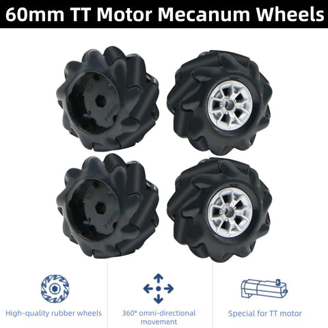 60mm Mecanum Wheel Set With Couplings For ROS Smart Cart And DIY Robot Kits, Omnidirectional Movement, Durable Rubber Tires, 4 Pack, Easy Assembly For Custom Robots, Black