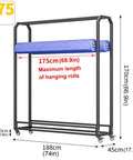 Heavy Duty Rolling Metal Storage Rack With Adjustable Shelves Caster Wheels And Ten Hanging Bars showcasing maximum roll length of 175cm.