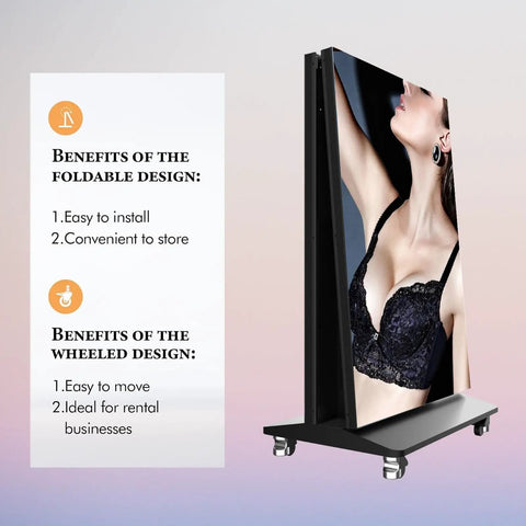 No Hassle Plug And Play 80 Inch Vertical Led Display, Floor Standing Digital Signage Screen showing foldable design benefits.