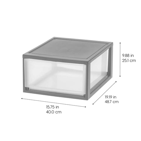 Side view of Under Bed Storage Drawers 30 Qt 2 Pack, Stackable Plastic Organizer Bins with size dimensions shown.