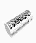 Heavy Duty Air Curtain Pumping Out Mean Airflow And Running Smooth As Silk With Dual Fan Speeds Adjustable Swivel Vane And Total Remote Ease For Tight Thermal Lockdown And Zero Drama Wall Installs, white metal design.