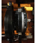 Close-up of Job Site Ready Electric Pipe Threader Machine With 220V 750W Motor showing size gauge for 1/2 to 2 inch NPT dies.