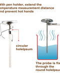 Side view of milk frothing thermometer, showing stainless steel clip and 5 inch stem with illustration of temperature use.