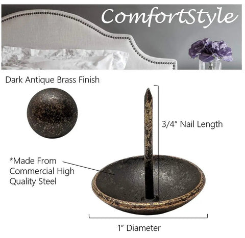 Top Shelf One Inch Upholstery Tacks With A Sleek Dark Antique Brass Finish Heavy Duty Nailhead Pins showing 1 inch diameter and 3/4 inch nail length.