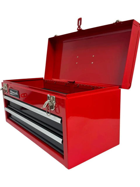 Rugged Two Drawer Toolbox Chest With Ball Bearing Slides, EVA Foam Mats, Locking Double Latch System, 20 Inch Red Portable Organizer For Tools