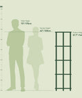 Size illustration of Turn N Tube Corner Shelf 5 Tier Bookshelf with open storage compared to average male, female heights