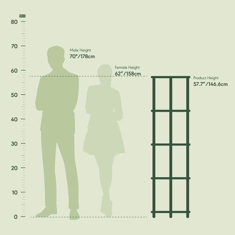 Size illustration of Turn N Tube Corner Shelf 5 Tier Bookshelf with open storage compared to average male, female heights