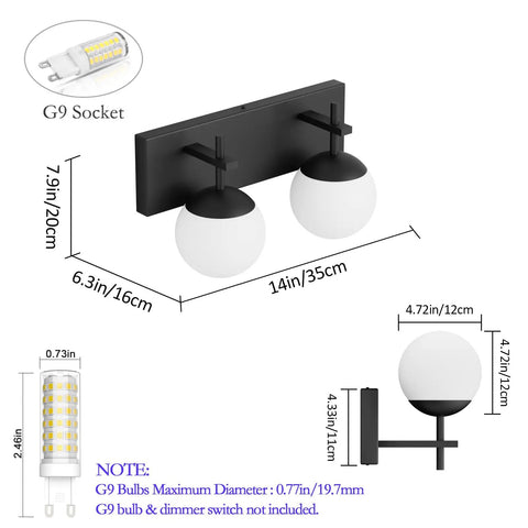 Matte Black Two Light Bathroom Wall Light Fixtures With Milky Glass Globes Sleek Mid Century Modern Vanity Lighting dimensions