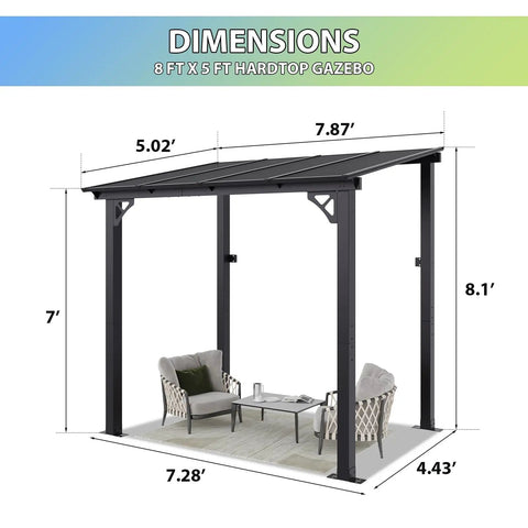 Premium Aluminum Top Gazebo With Wall Mount For Outdoor Living 8 By 5 Feet Pergola With Polycarbonate Panels Sloped Roof