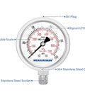 MEASUREMAN pressure gauge, front view; 2.5-inch dial, glycerin-filled, 304 stainless steel case, 0–100 psi