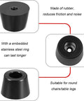 Diagram of black rubber furniture pads for chairs and tables with round leg caps, showing durability and non-slip features.