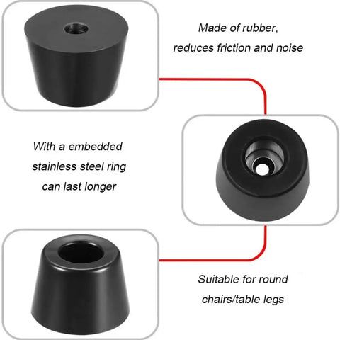 Diagram of black rubber furniture pads for chairs and tables with round leg caps, showing durability and non-slip features.