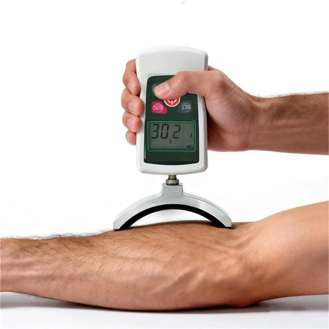Straight Up Digital Push Pull Force Gauge With A Smooth Handheld Dynamometer Design Built Like A Tank For Sports Rehab And Muscle Gains Hella Precise Newtons Pounds And Ounces Conversion Plus Fast Peak Hold measuring force on an arm.
