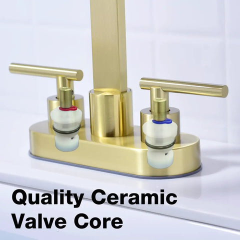 Close-up of quality ceramic valve core for Matte Black 4 Inch Centerset Bathroom Faucet For 3 Hole Sinks, shown in gold finish