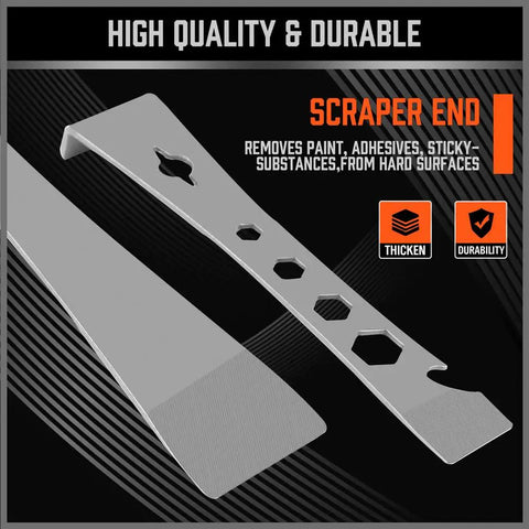 Two-Piece Pry Bar Set With Stainless Steel Flat Pry Bars And Hex Driver Function displayed with scraper end