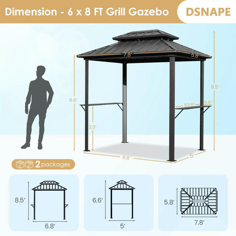 8x6 Grill Gazebo With Double Galvanized Steel Roof Hardtop Canopy Side Shelves And Ceiling Hook for outdoor use.