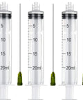 Three Pack 20 Milliliter Plastic Syringes With Slick Blunt Luer Lock Needles For Precision Liquid Transfer Heavy Duty Build, clear with measurements.