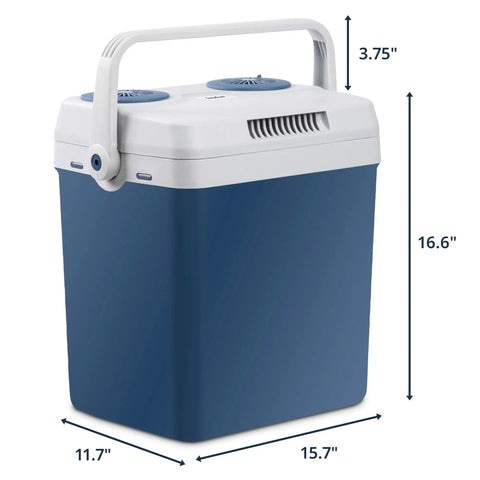 Portable Electric Cooler And Warmer With Rugged Carry Handle, Thermoelectric Camp Fridge measures 25L, 16.6" height.