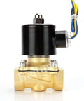 Front view of Brass Electric Solenoid Valve Half Inch Female NPT 12V DC Normally Closed Built Tough For Water Air Gas Fuel Oil With Copper Coil