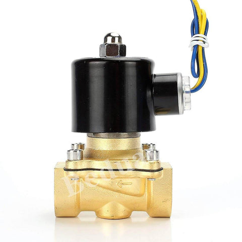 Front view of Brass Electric Solenoid Valve Half Inch Female NPT 12V DC Normally Closed Built Tough For Water Air Gas Fuel Oil With Copper Coil
