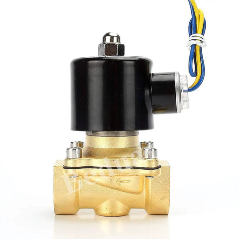 Brass Electric Solenoid Valve One Half Inch 220V AC Normally Closed For Water Oil Gas Air, side view with copper coil.