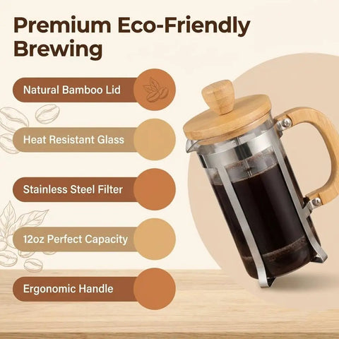 12 Ounce French Press Coffee Maker With Stainless Steel Filter and Borosilicate Carafe, bamboo handle, single cup brew