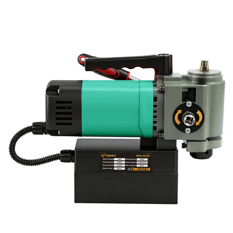 ZHIMAI 1450W Magnetic Drill Press With 1.4 Inch Boring Diameter showing a side angle with a copper motor and control features.
