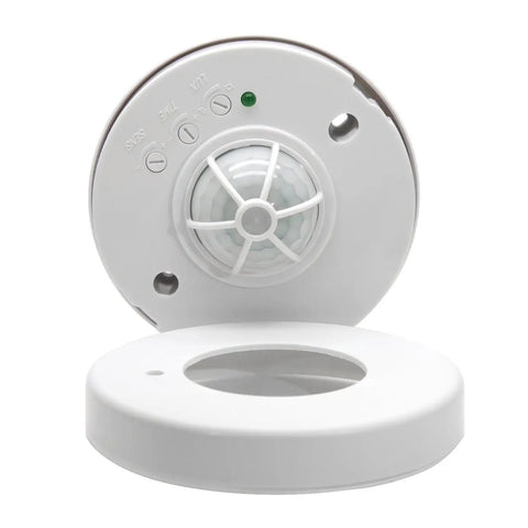 360 Degree Ceiling Occupancy Sensor with 3 Detectors, showing PIR motion light switch and adjustable settings on white base.